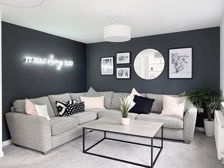 19. Charcoal Walls and Light Grey Sectional Living Room Idea - black and grey living room ideas