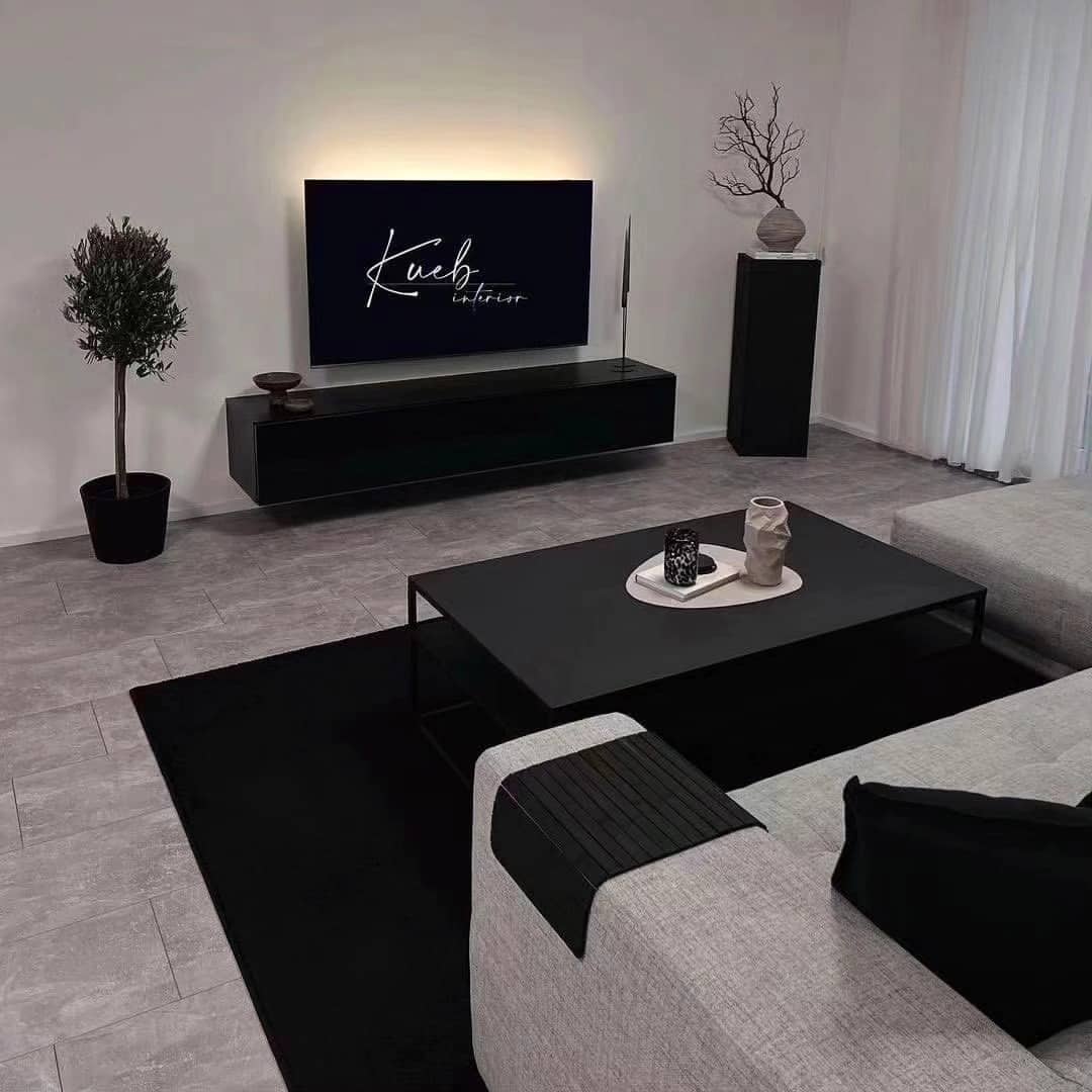 20. Black Rug and Silver Grey Minimalist Living Room Idea - black and grey living room ideas