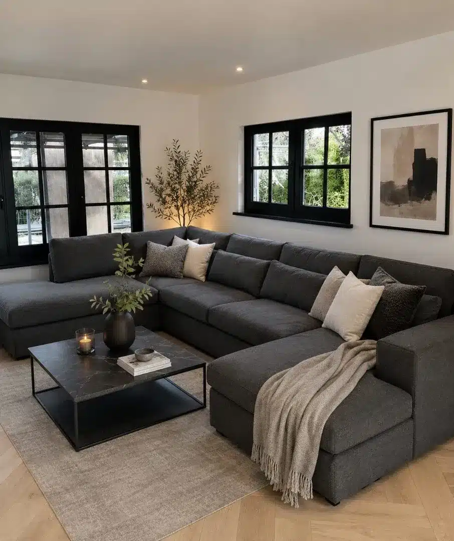 22. Charcoal Grey Sectional and Black Accent Living Room Idea - black and grey living room ideas