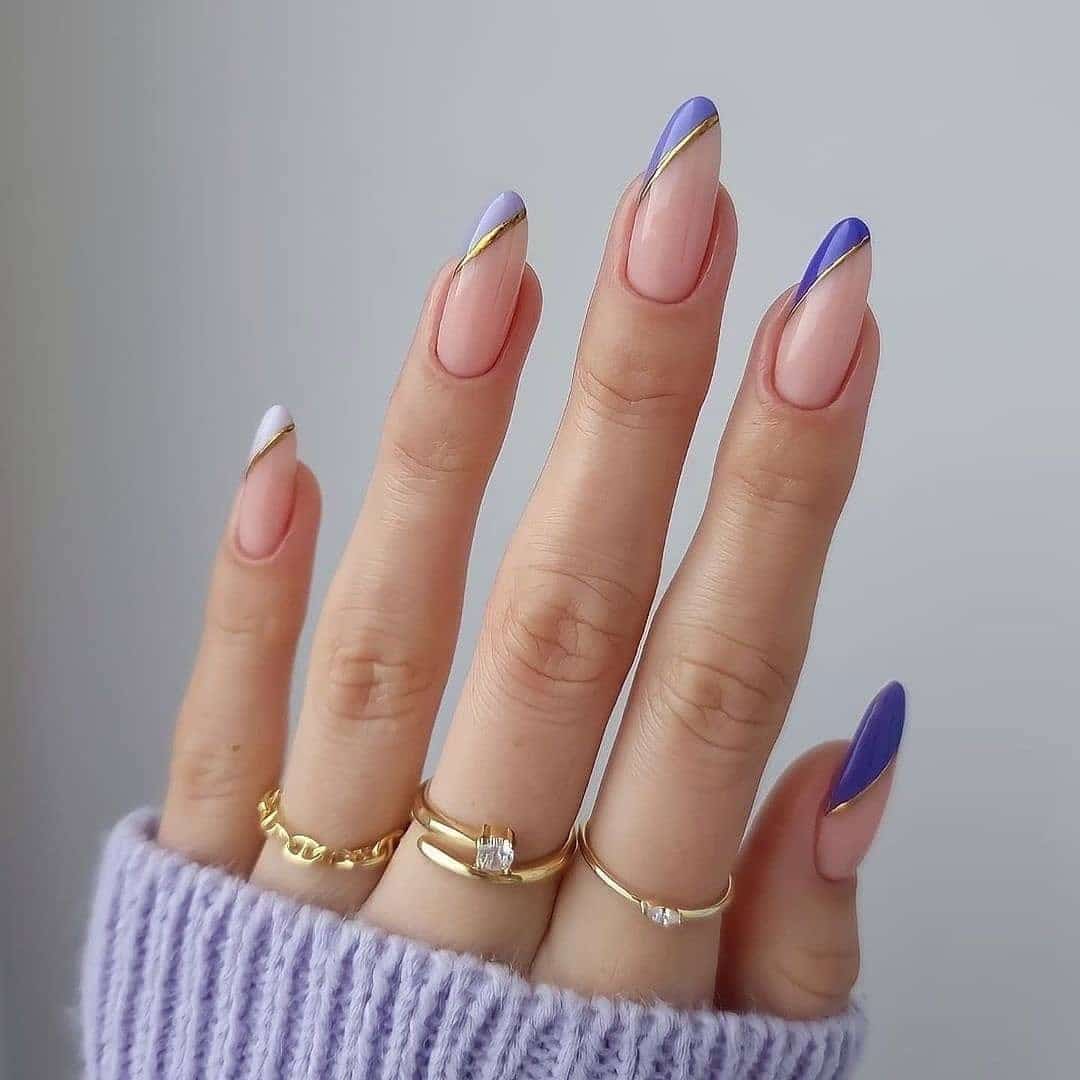1. Purple and Nude Diagonal French Round Nails - round nail ideas