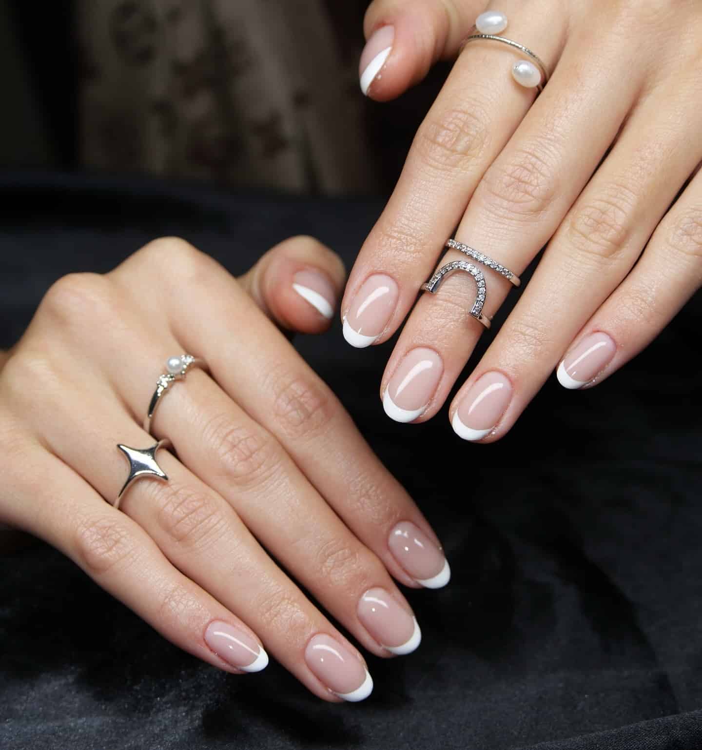 8. Nude Pink and White French Round Nails - round nail ideas