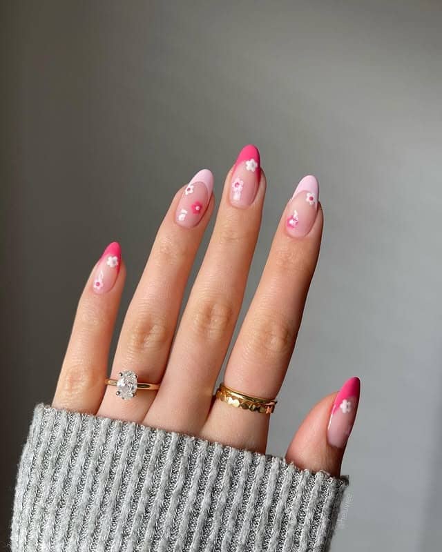 1. Pink French Floral Almond Nails - simple flower nail ideas