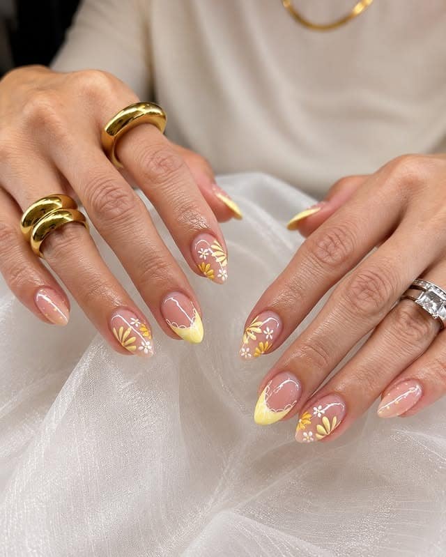 3. Yellow French Botanical Almond Nails - simple flower nail ideas