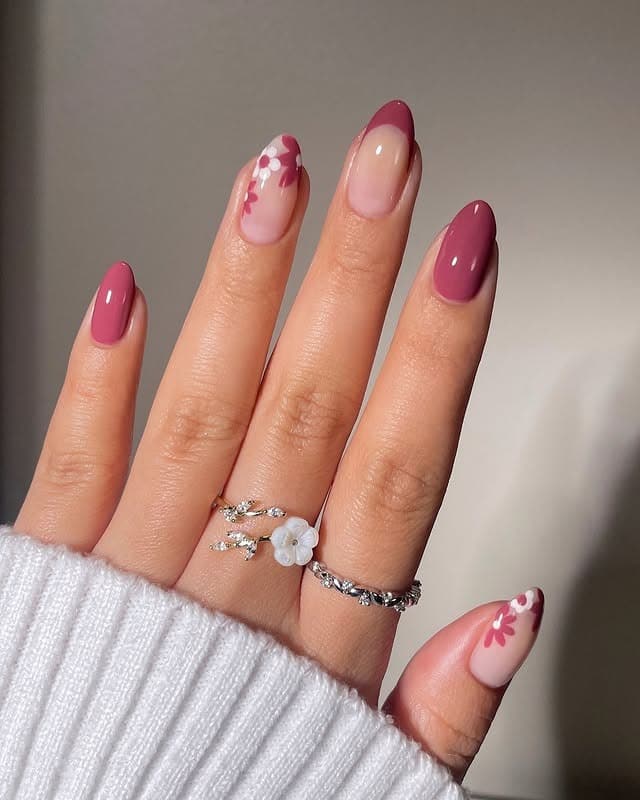 4. Mauve Floral French Almond Nails - simple flower nail ideas