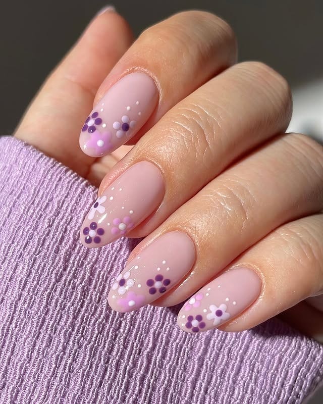 9. Pink and Purple Floral Almond Nails - simple flower nail ideas