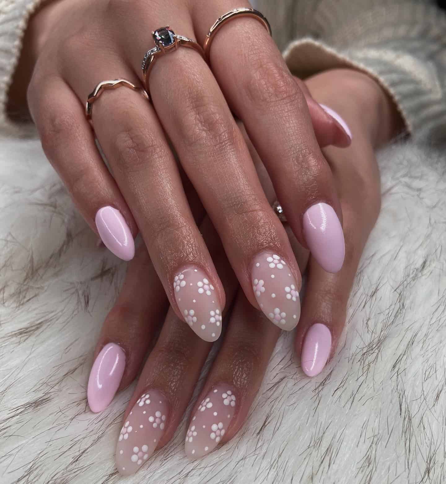 10. Pale Pink Dot Flower Almond Nails - simple flower nail ideas