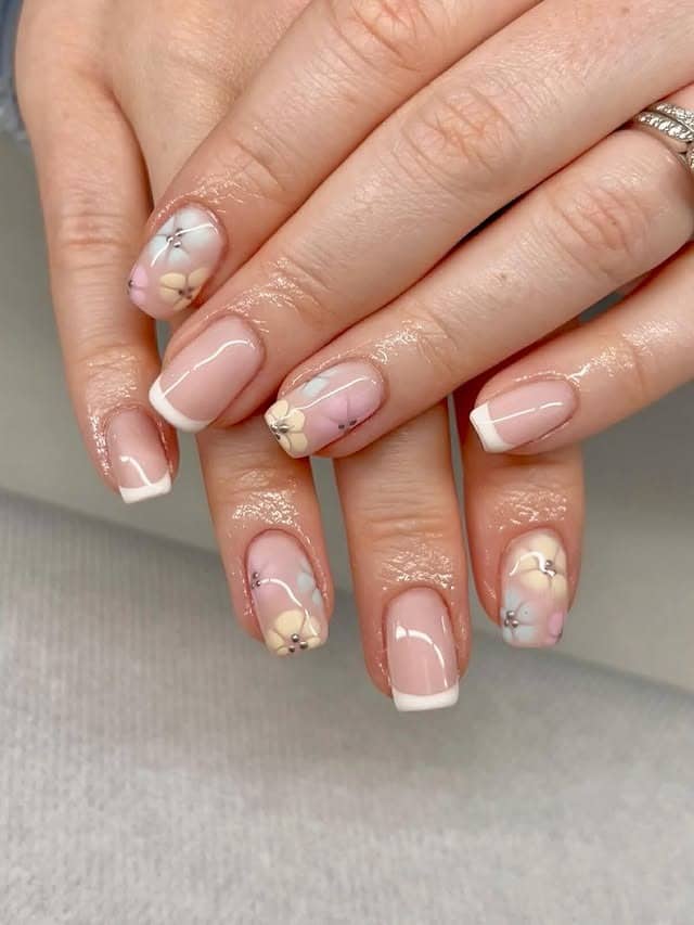 11. White French Pastel Flower Square Nails - simple flower nail ideas