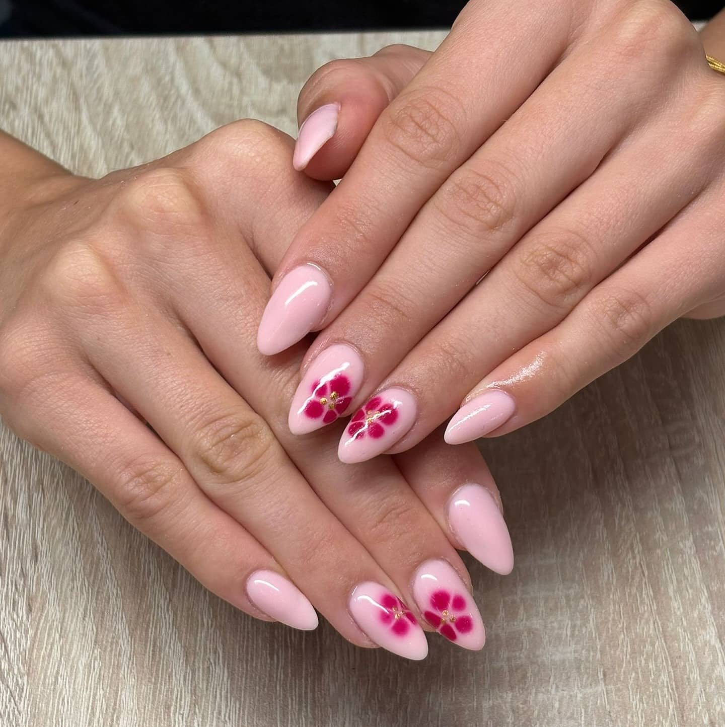 12. Blush Pink Fuchsia Flower Almond Nails - simple flower nail ideas