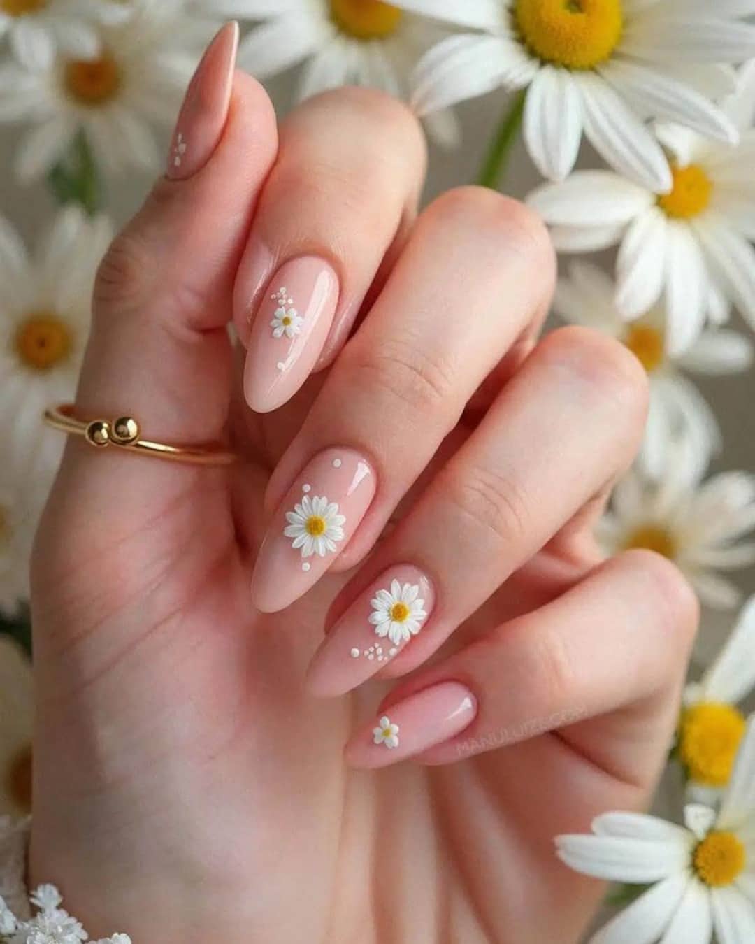 14. Sheer Pink Daisy Almond Nails - simple flower nail ideas