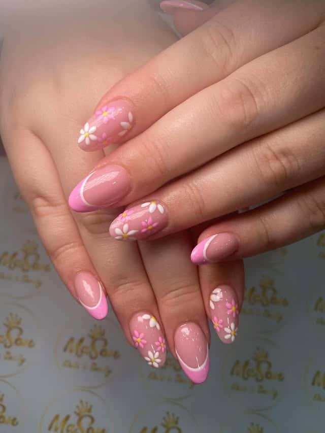 15. Pink Floral French Almond Nails - simple flower nail ideas