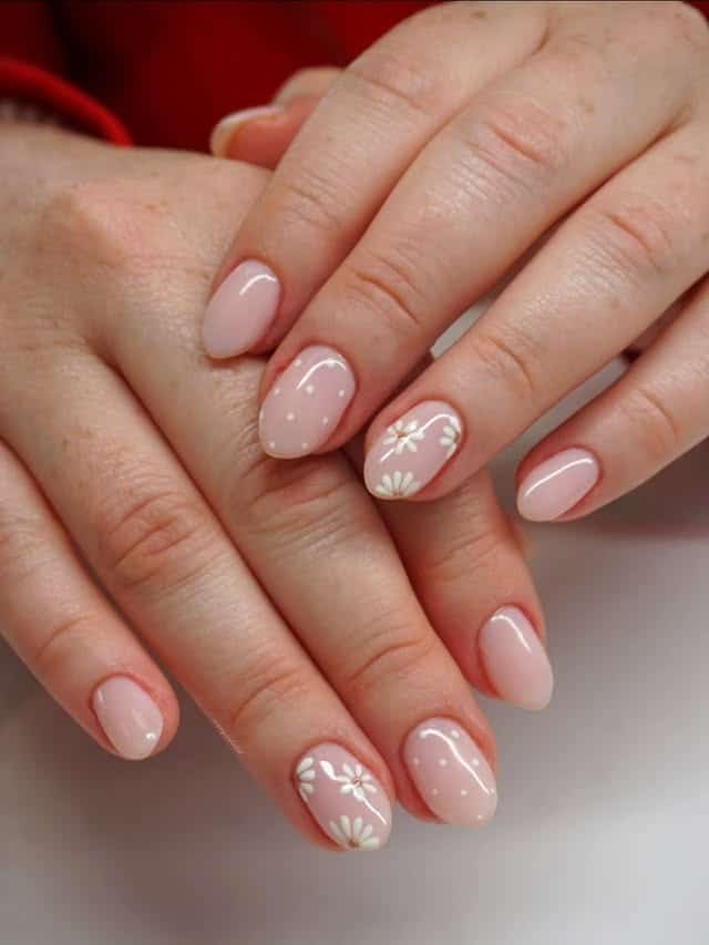 19. Blush Pink White Floral Short Oval Nails - simple flower nail ideas