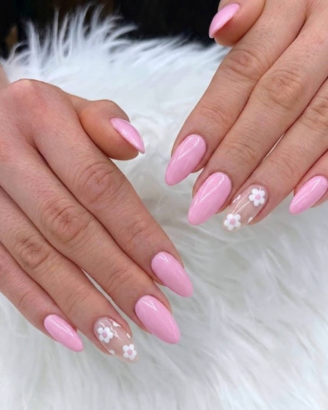 20. Bubblegum Pink Flower Almond Nails - simple flower nail ideas