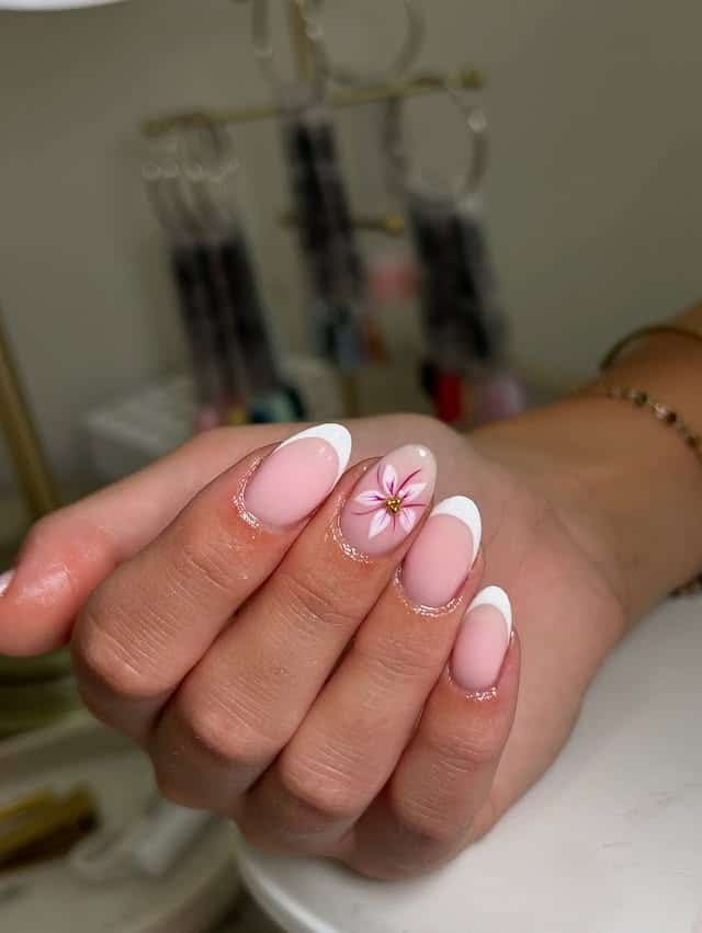 21. White French Pink Lily Almond Nails - simple flower nail ideas
