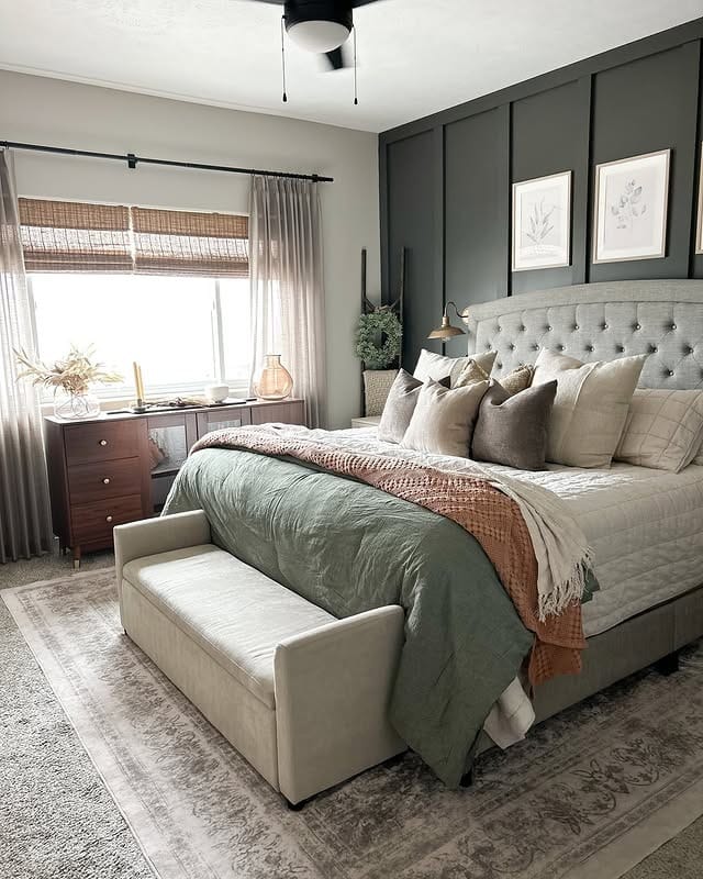 1. Forest Green and Sage Layered Bedroom Idea - forest green bedroom ideas