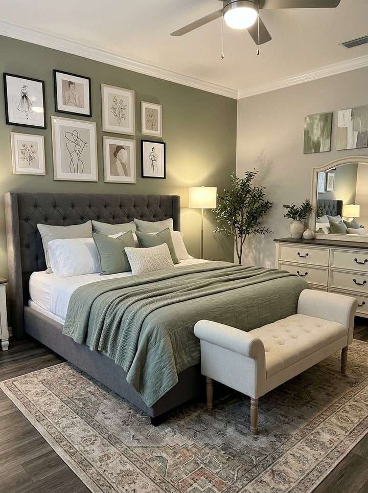 3. Soft Sage Green and Charcoal Bedroom Idea - forest green bedroom ideas