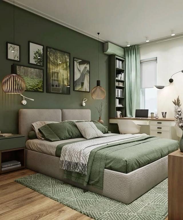 5. Olive Forest Green and Cream Modern Bedroom Idea - forest green bedroom ideas