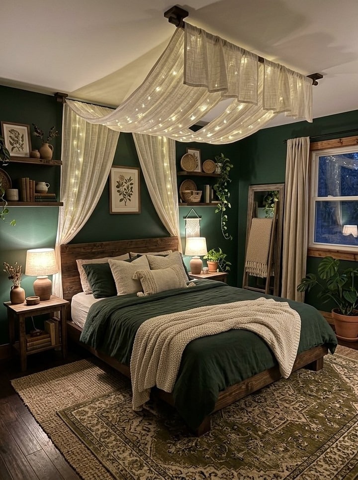 6. Dark Forest Green and Natural Beige Bedroom Idea - forest green bedroom ideas