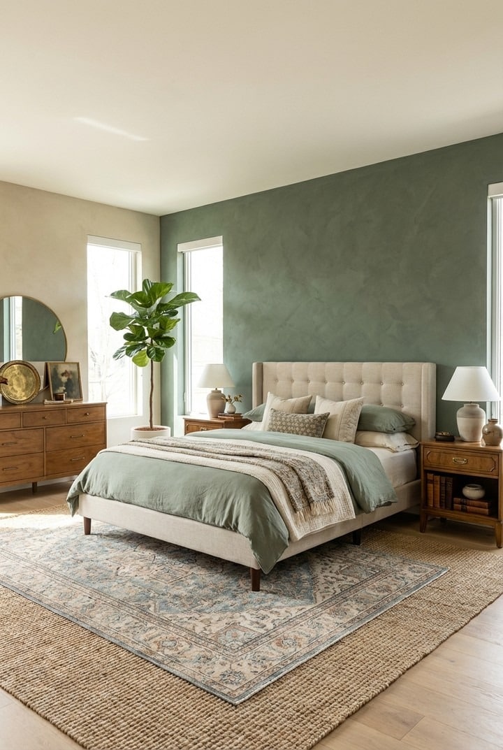 8. Muted Forest Green and Natural Wood Bedroom Idea - forest green bedroom ideas