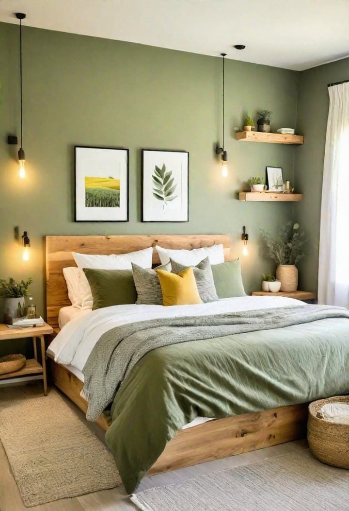 9. Sage Forest Green and Honey Wood Bedroom Idea - forest green bedroom ideas