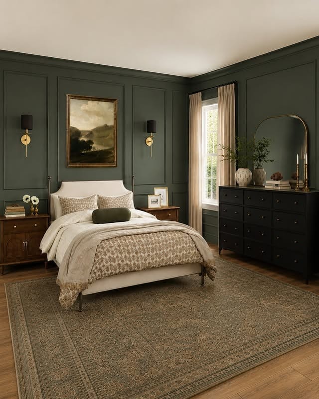 10. Dark Forest Green and Antique Cream Bedroom Idea - forest green bedroom ideas