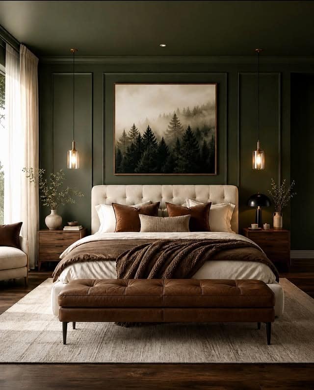12. Moody Forest Green and Chocolate Brown Bedroom Idea - forest green bedroom ideas