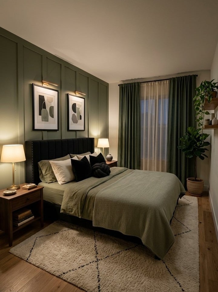 13. Olive Forest Green and Black Bedroom Idea - forest green bedroom ideas