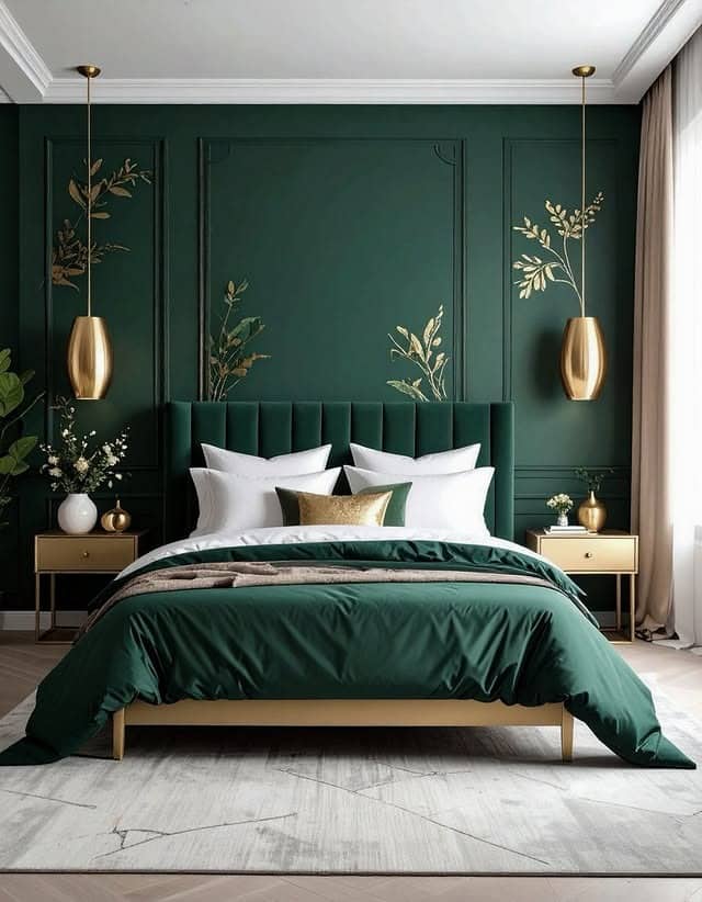 17. Emerald Forest Green and Gold Bedroom Idea - forest green bedroom ideas