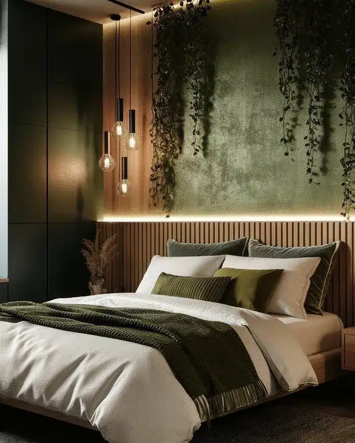 22. Forest Green and Natural Wood Modern Bedroom Idea - forest green bedroom ideas