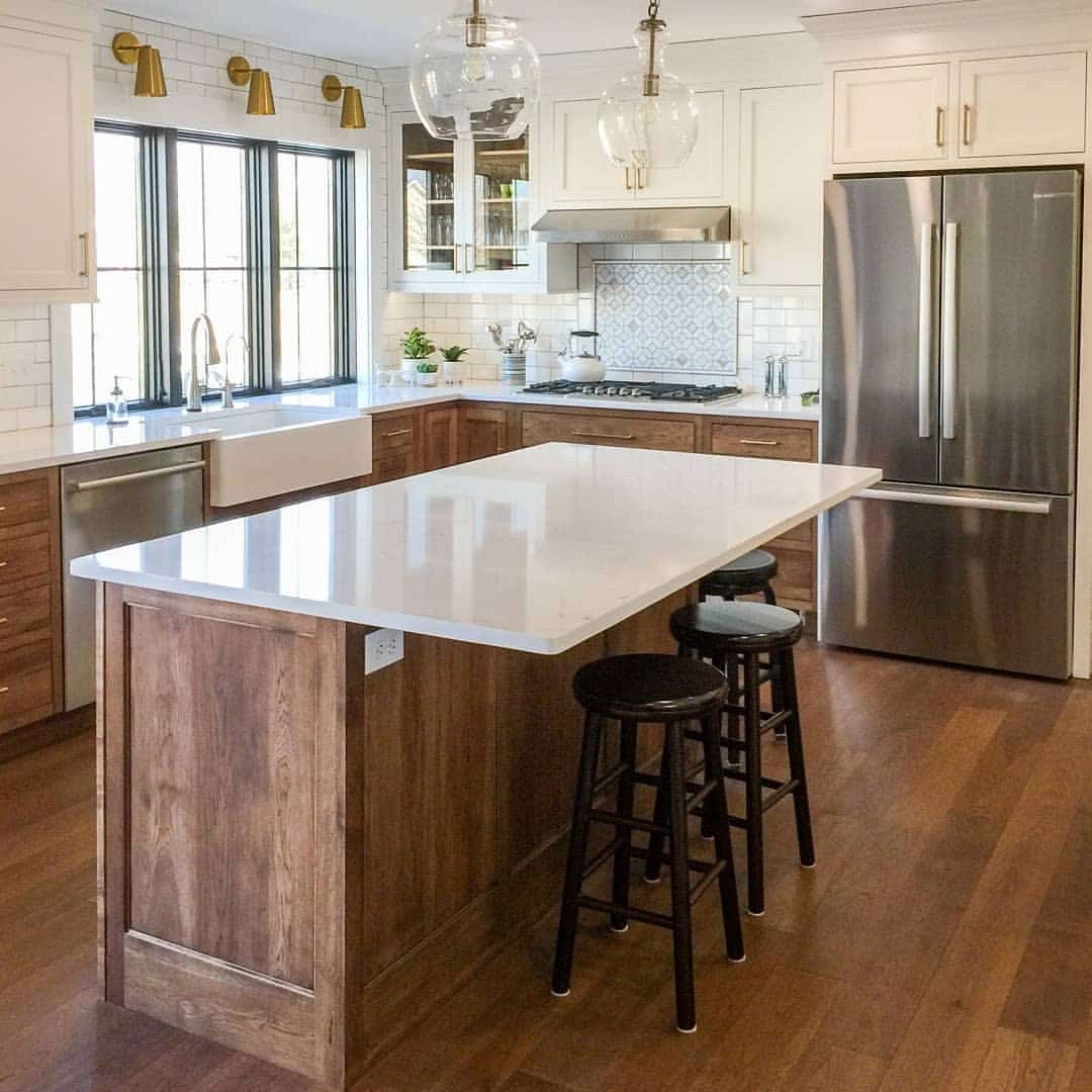 2. Medium Hickory Cabinets with Crisp White - hickory kitchen cabinet ideas