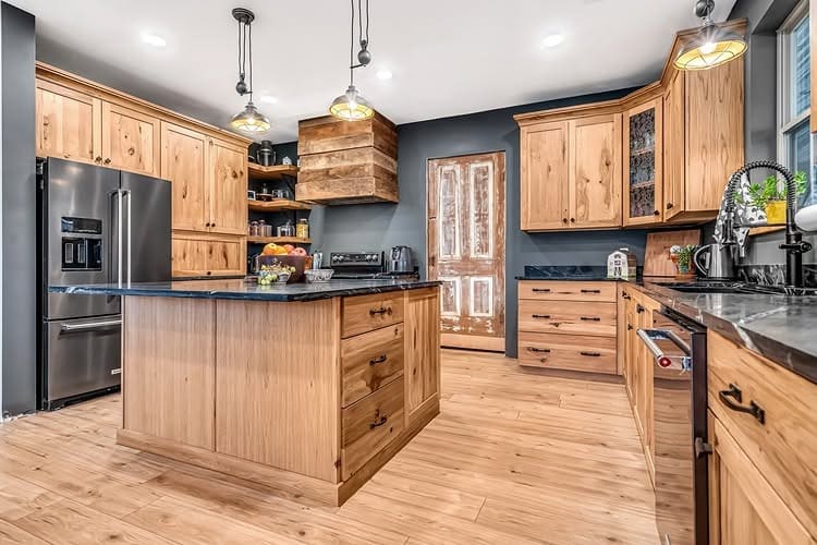 4. Natural Hickory Cabinets with Charcoal Gray - hickory kitchen cabinet ideas