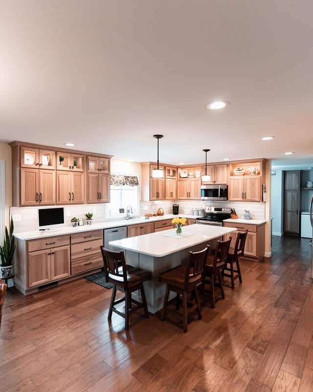 6. Honey Hickory Cabinets with Bright White - hickory kitchen cabinet ideas