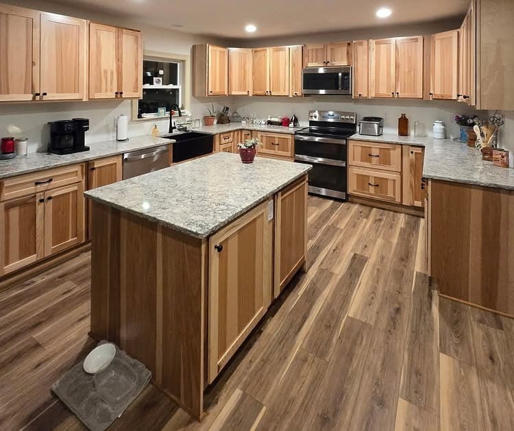 7. Natural Hickory Cabinets with Granite Gray - hickory kitchen cabinet ideas