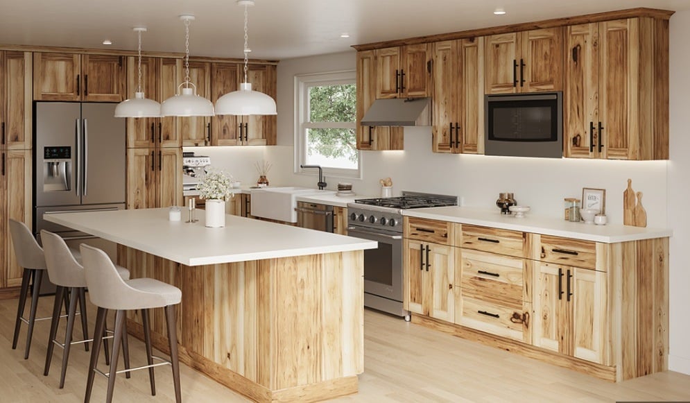 8. Rustic Hickory Cabinets with Cream - hickory kitchen cabinet ideas