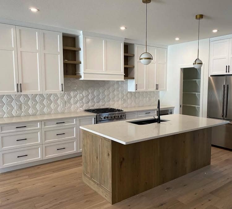 9. White Cabinets with Weathered Hickory Island - hickory kitchen cabinet ideas