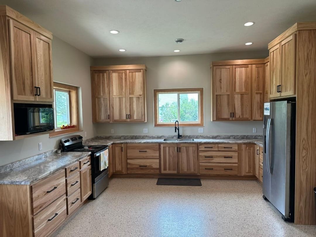 10. Golden Hickory Cabinets with Warm Gray - hickory kitchen cabinet ideas