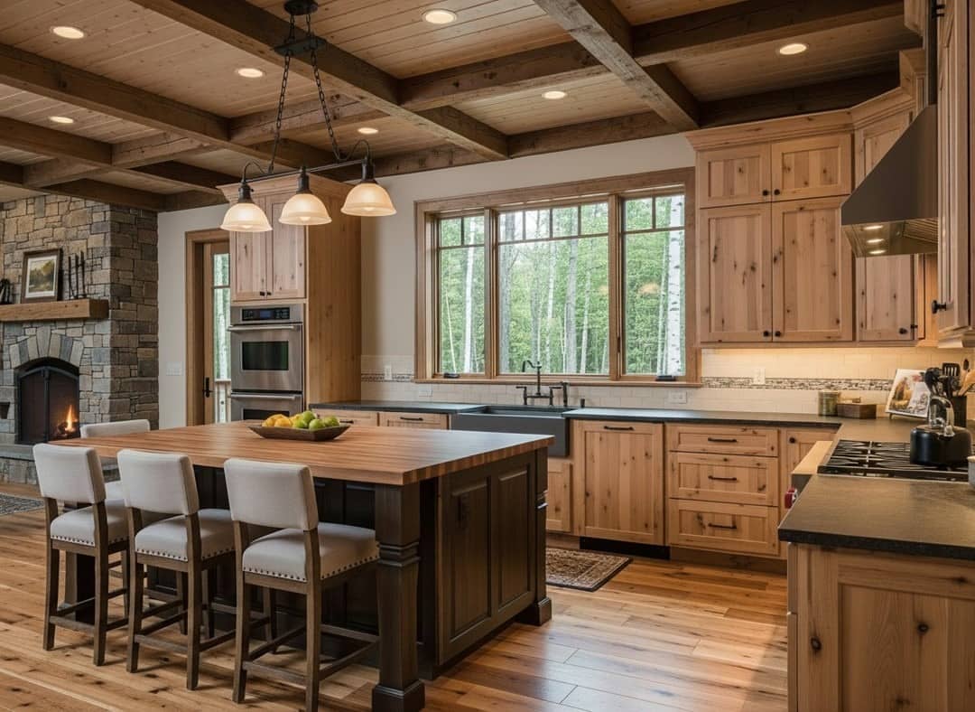 13. Rustic Honey Hickory Kitchen with Espresso Island - hickory kitchen cabinet ideas