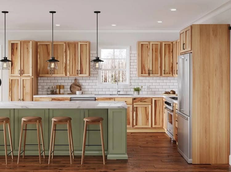 14. Light Hickory Cabinets with Sage Green Island - hickory kitchen cabinet ideas