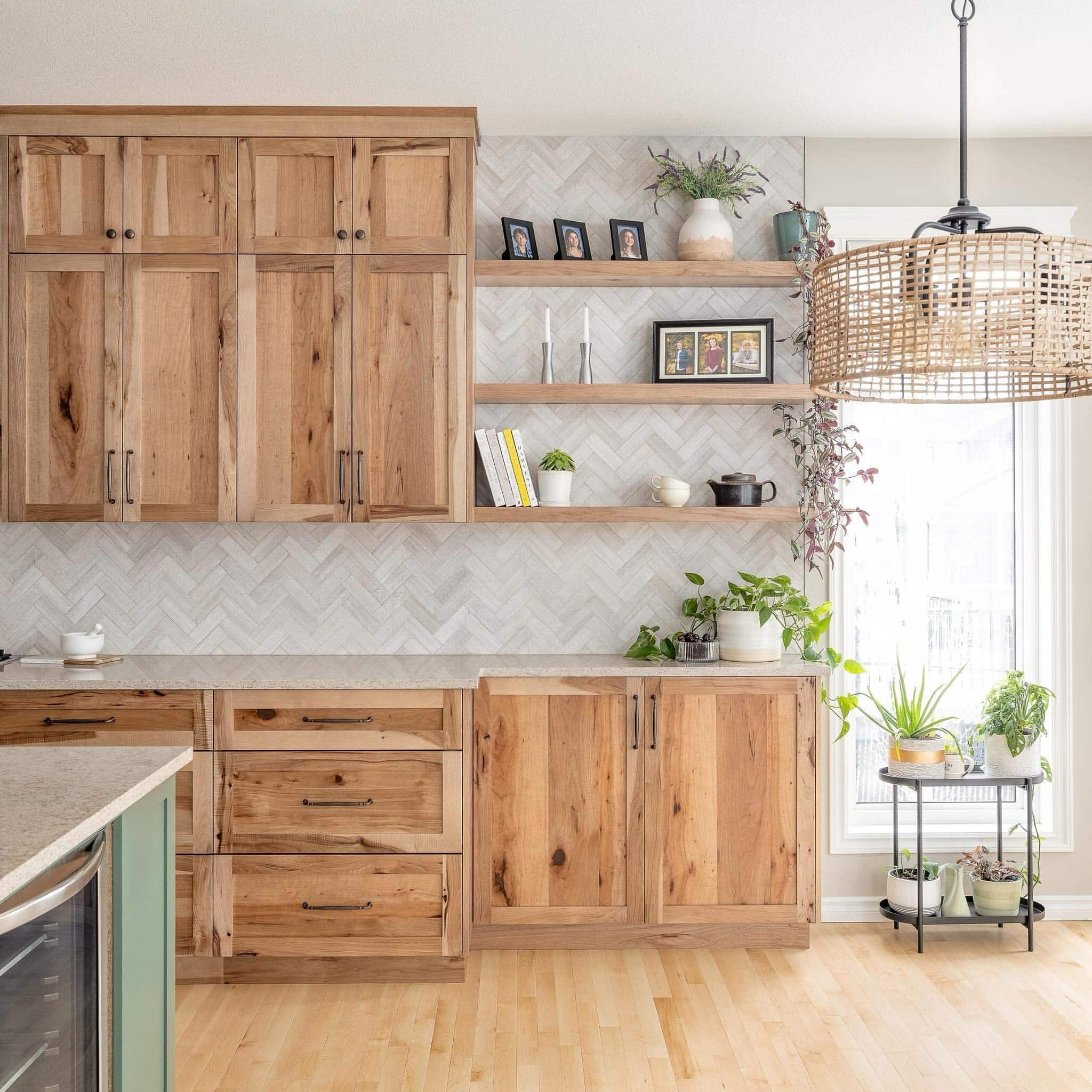 16. Natural Hickory Cabinets with Pale Gray Herringbone - hickory kitchen cabinet ideas