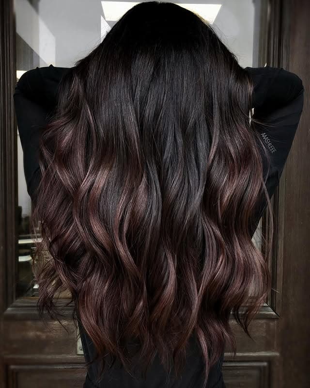 8. Deep Burgundy Brunette Balayage with Waves - Balayage Hair Colors