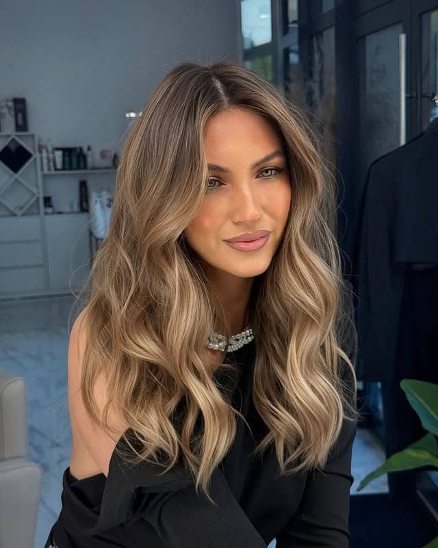 11. Golden Beige Balayage with Long Waves - Balayage Hair Colors