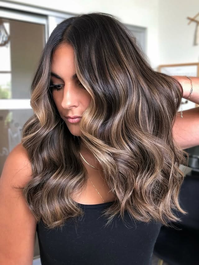 15. Smoky Beige Brunette Balayage with Voluminous Waves - Balayage Hair Colors