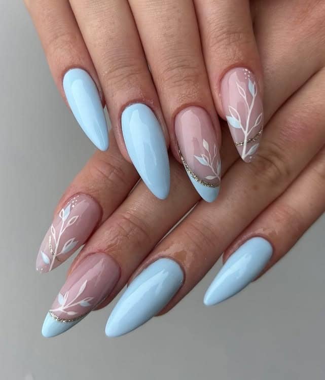 6. Baby Blue Botanical Almond Nails - baby blue nail ideas