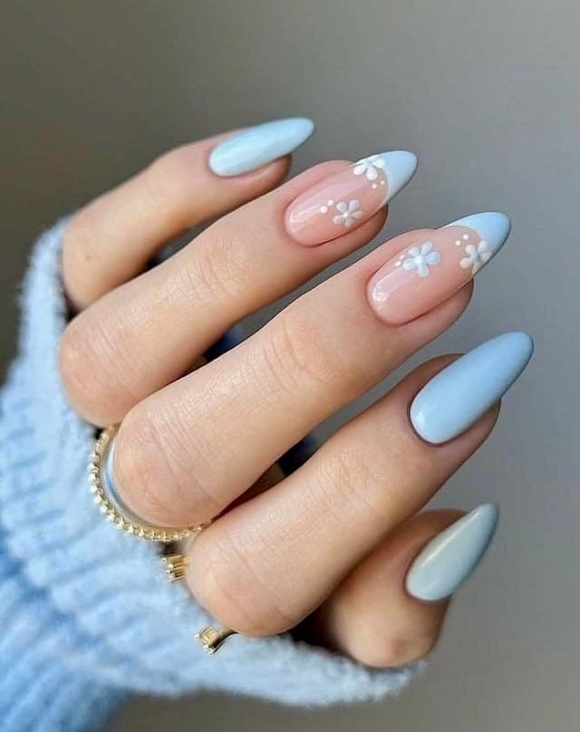 8. Baby Blue Daisy French Almond Nails - baby blue nail ideas