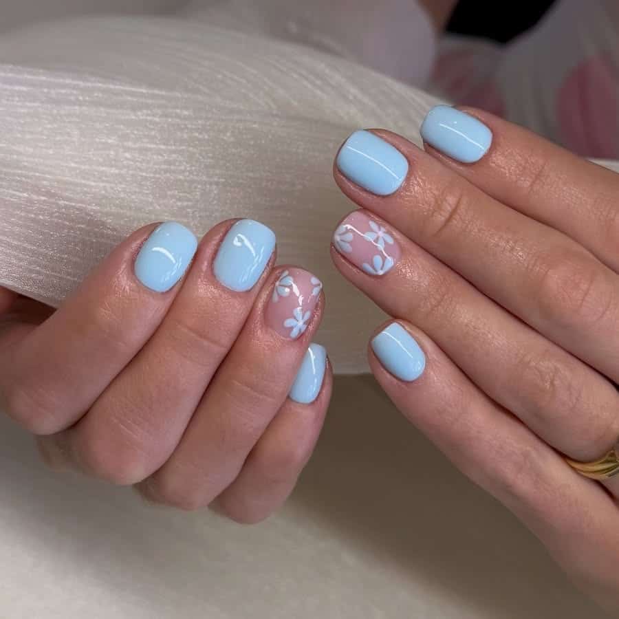 11. Baby Blue Floral Short Square Nails - baby blue nail ideas