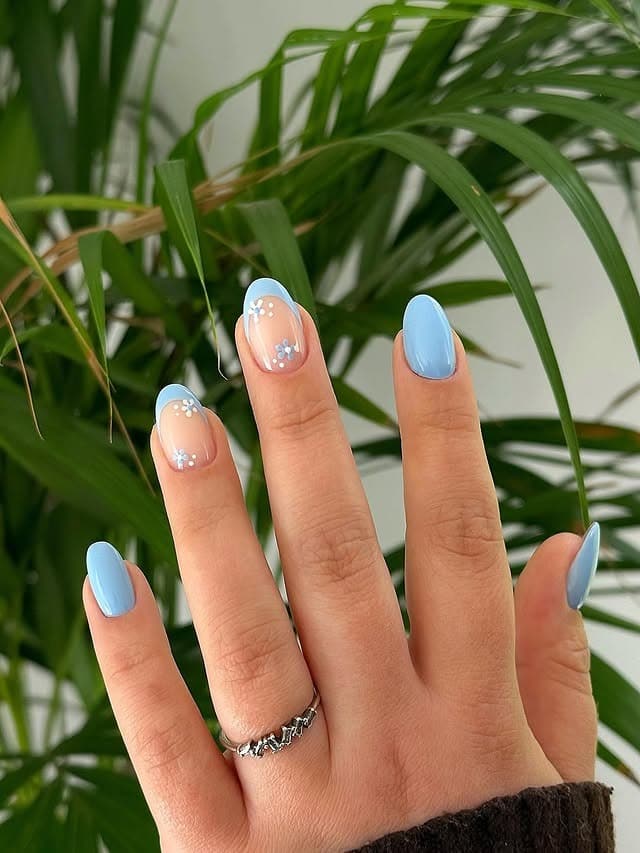 12. Baby Blue Floral French Oval Nails - baby blue nail ideas