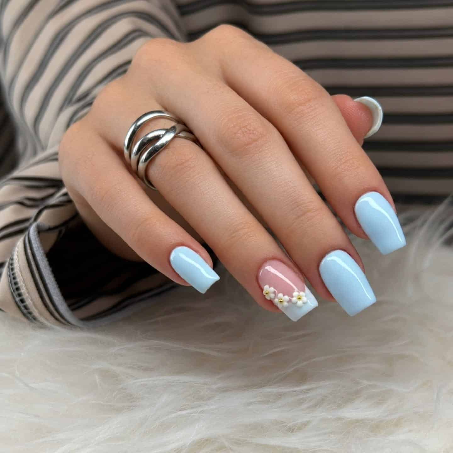 16. Baby Blue 3D Floral Square Nails - baby blue nail ideas