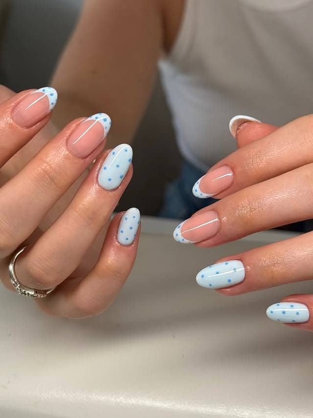 18. Baby Blue Polka Dot French Oval Nails - baby blue nail ideas
