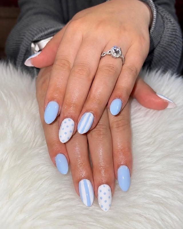 19. Baby Blue Striped and Polka Dot Oval Nails - baby blue nail ideas