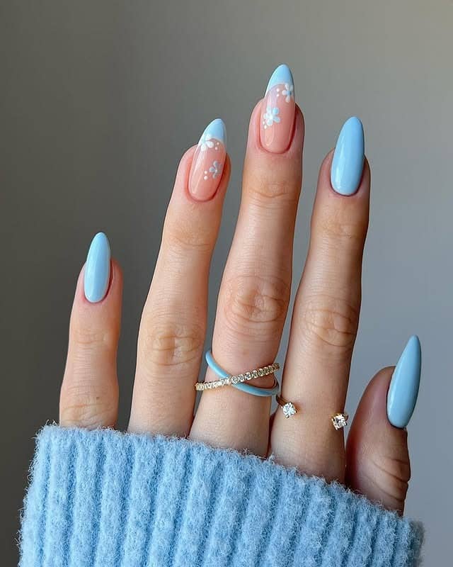 20. Baby Blue Floral French Almond Nails - baby blue nail ideas