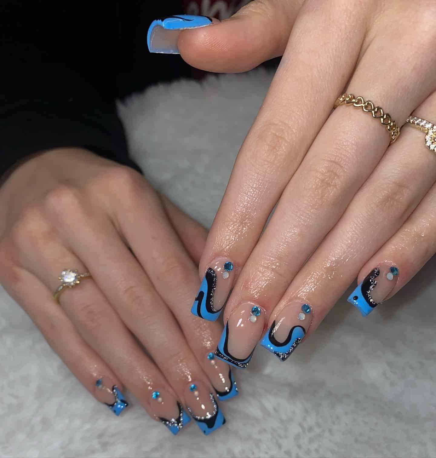 5. Nude, Black and Bright Blue Glitter Swirl Nails - black and blue nail ideas